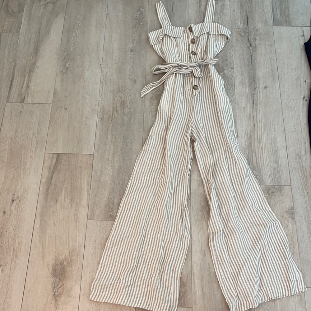 Mango Linen Tan & Ivory Stripe Jumpsuit